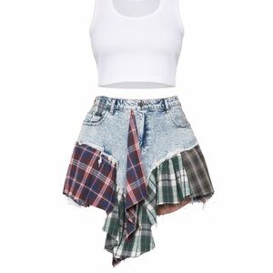 Fashion Nova Plaid Patchwork Asymmetrical Denim Skirt - Blue, Red, Green